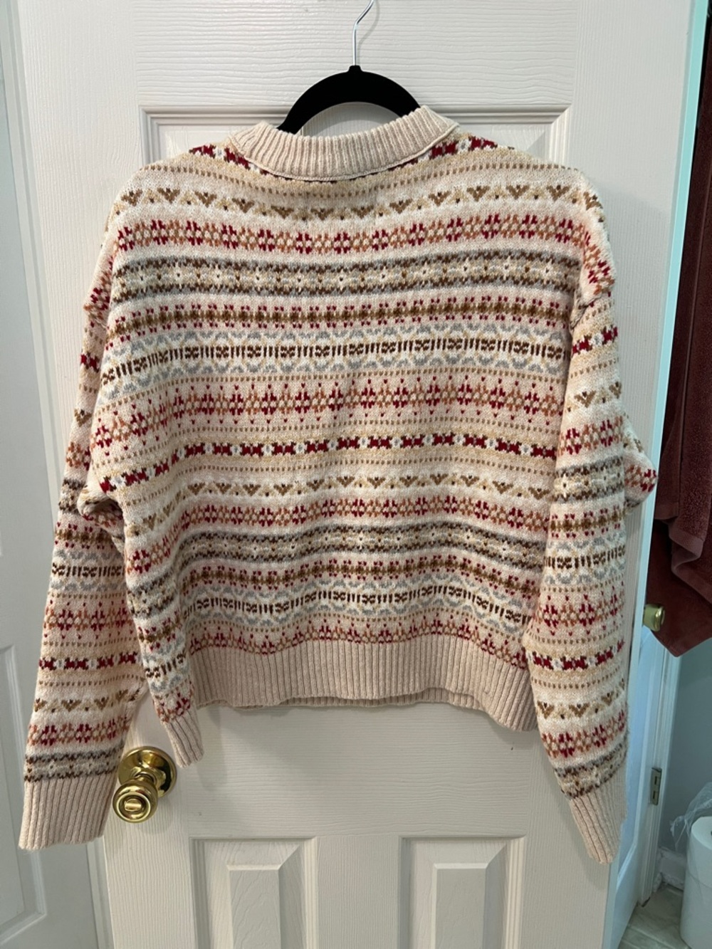 American Eagle Outfitters Cream Fair Isle Crew Sweater with Red and Tan Accents - Picture 3 of 5